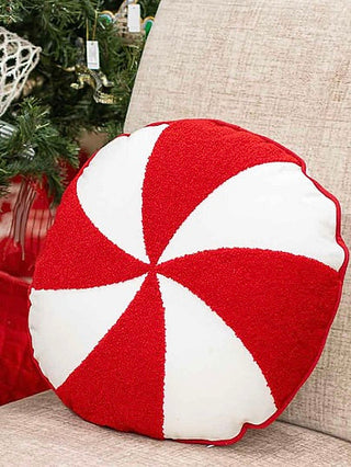 Red and white swirl decorative throw pillow with scalloped edges