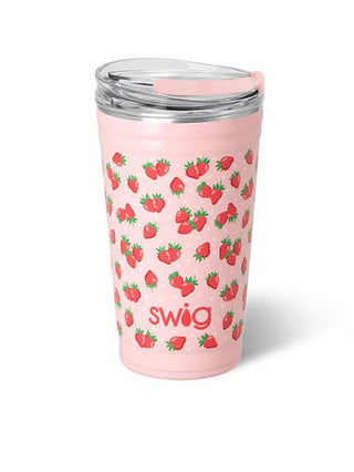 Strawberry-pattern Swig tumbler with pink body, clear lid, and SWIG logo