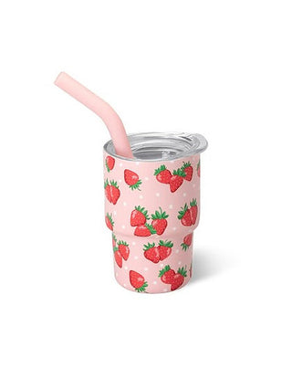 Strawberry print 2oz tumbler with clear lid and pink reusable straw