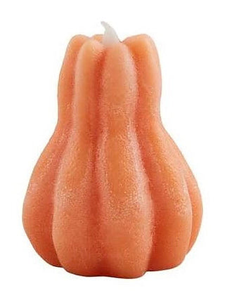 Orange pumpkin-shaped LED candle with ribbed texture and small stem