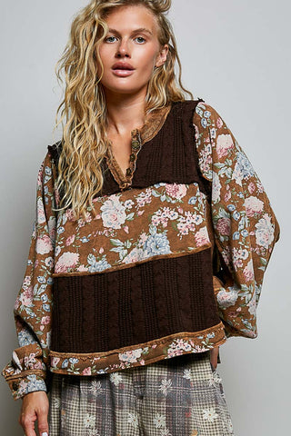 Multicolor floral knit pullover top with brown patchwork and long sleeves
