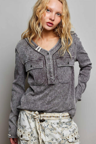 Gray knit henley top with button placket, ribbed V collar, and two chest flap pockets