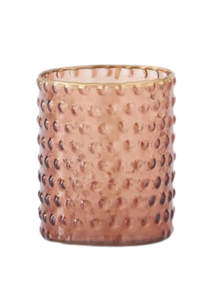 Dot-embossed glass container, tall amber cylinder with raised dot pattern