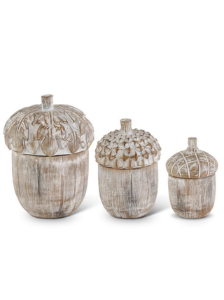 Whitewash acorn jar set of three metal containers with carved leaf-pattern lids