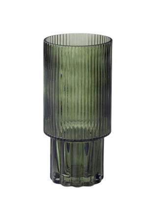 Ribbed glass vase in dark green with flared top and cylindrical base