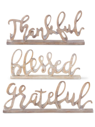 Resin shelf sitter set with scripted words: Thankful, Blessed, and Grateful on stands