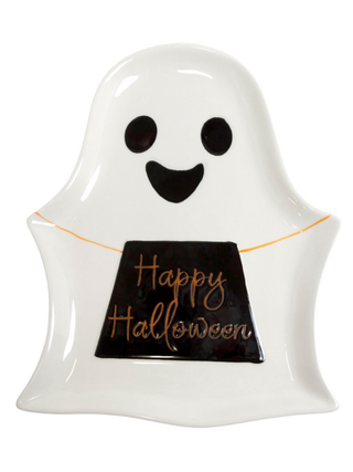 White ceramic ghost-shaped platter with smiling face and “Happy Halloween” message