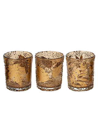 Amber glass candle holders, three-pack, gold-toned leaf speckle design