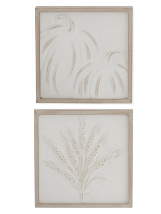 Set of 2 fall embossed wood signs with wheat designs on white panels