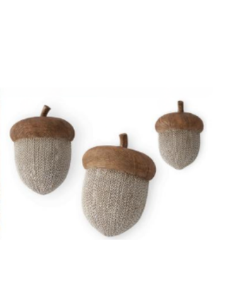 Set of three resin acorn decor ornaments with knit-look gray bodies and brown caps