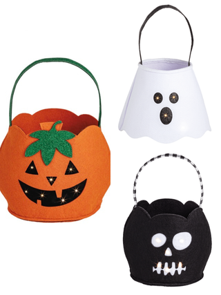 Set of LED treat buckets: orange pumpkin and white ghost, plus black skeleton bucket