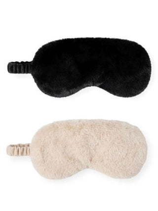 Plush heated eye masks in black and ivory, with straps