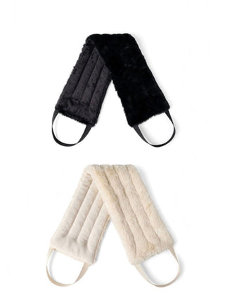 Heated neckwrap pair in black and ivory, plush fur with two carry straps