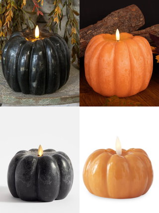 Black and orange pumpkin LED candles with glowing flames