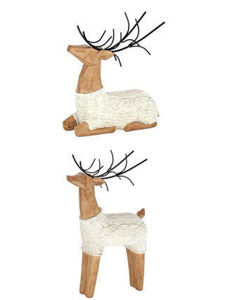Sitting and standing resin deer decor with cream knitted bodies and black antlers