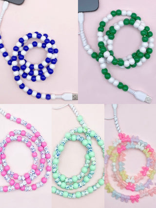 Set of beaded phone charger cables with pink, blue, green and mint bead loops