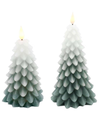 Two tree-shaped LED candles in different sizes, with layered white-to-dark green scales.