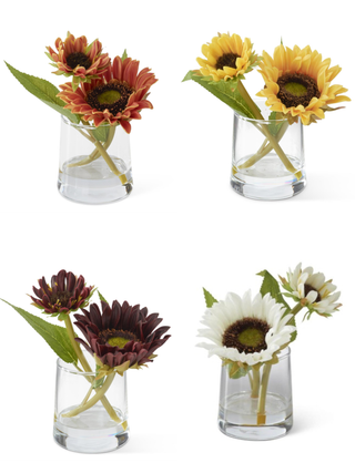 Set of four sunflower decor in clear glass vases: yellow, orange, maroon, white