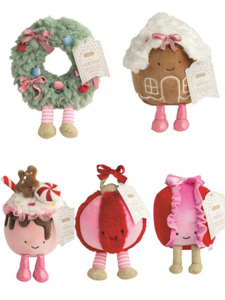 Holiday snuggles plush set of five: wreath, gingerbread, hot chocolate, ornament, gift, tags