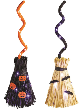 Light-up witch broom set: black with orange jack-o'-lanterns, straw with purple lights