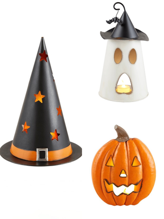 Metal LED lantern set: black star cone, white ghost, and orange pumpkin lanterns