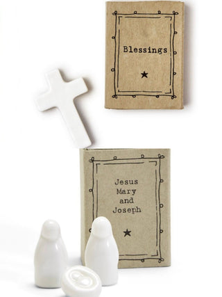 White porcelain mini matchbox figurines with cross and Blessings card, Jesus Mary and Joseph