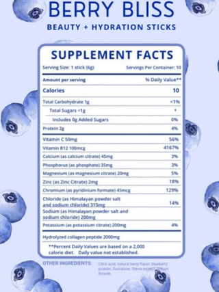 Berry Bliss supplement facts label on hydration sticks, serving size and nutrients panel