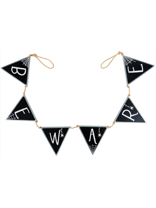Beware of ghouls black triangular pennant banner with hanging string and white letters