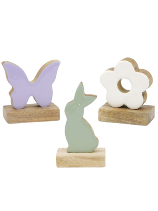Wood shelf sitter set with butterfly, cat, and flower cutouts on wooden bases