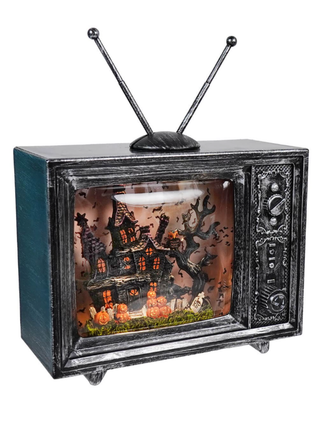 Black TV-style water lamp with spooky graveyard scene and two antennas