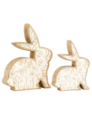 Wood bunny set with flower engravings, two standing pieces