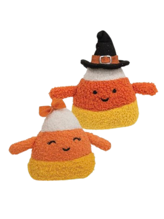 Plush candy-corn set: two smiling plush characters, black witch hats, orange and yellow.