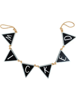 Silver string decor pennant banner with black triangular flags and white letters