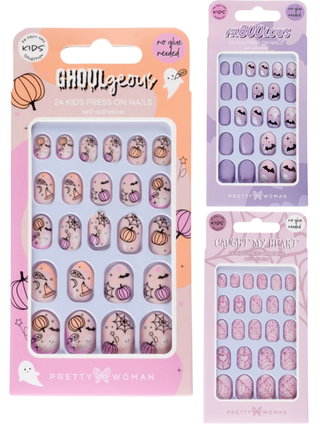 Two kids press-on nails sets: ghoul and purple boo designs, 24 pieces each