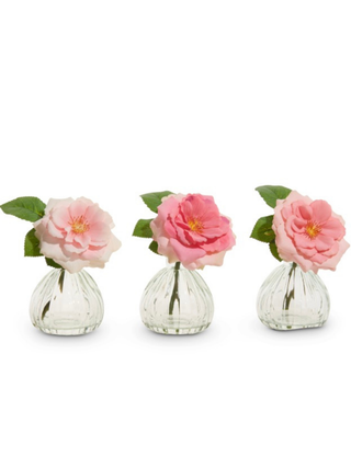 Set of three mini glass vases with pink rose blossoms and green leaves