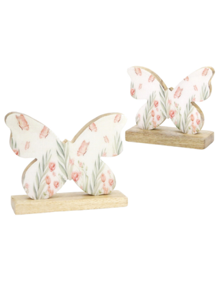 Butterfly shelf sitter set with floral fabric wings and light wood bases