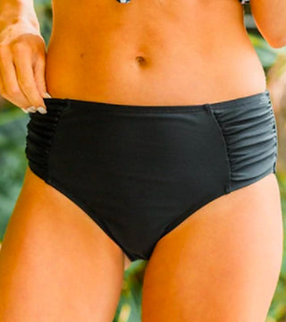 Black high-rise swim bottoms with ruched side waistband