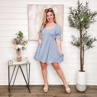 See You Smile Rayon Short Sleeve Blue Avery Mae Mini Dress