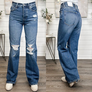 KanCan Elana Distressed High Rise Wide Leg 90s Flare Blue Jeans