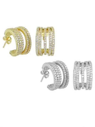 Double-row rhinestone hoop earrings, gold and silver with small post backs