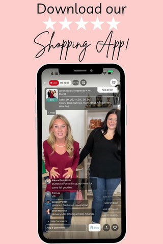 A promotional graphic on a pink background with the text 'Download our Shopping App!' above a smartphone mockup showing a live streaming storefront with two women and chat bubbles.