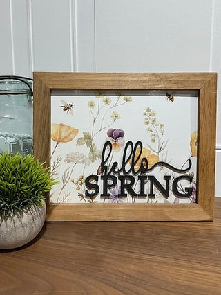 Wood-framed spring welcome sign with 'Hello SPRING' and floral butterflies