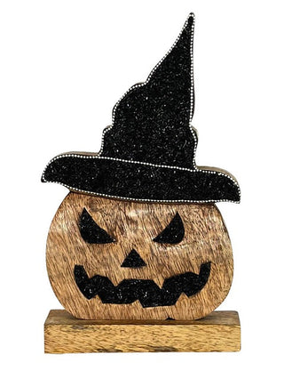 Wood Halloween pumpkin patch decor with black witch hat and carved jack-o’-lantern face