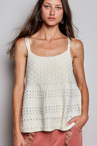 Cream sleeveless knit sweater top with lace-trim square neckline and layered stripes
