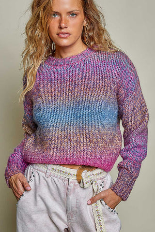 Multicolor knit sweater with crew neck, long sleeves, ribbed hem; berry and blue tones