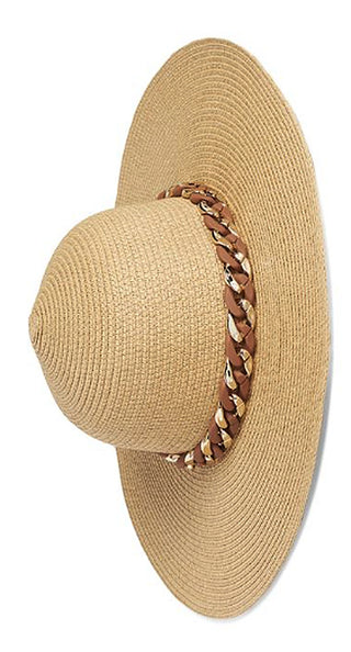 Woven straw sun hat with wide brim, side view, tan with braided chain band