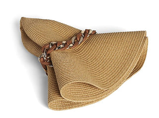 Woven straw sun hat with wide brim, angled view, tan with braided chain band