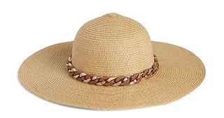 Woven straw sun hat with wide brim and braided chain band, tan
