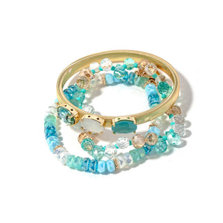Gold-tone beaded bracelet stack in turquoise tones with faceted crystal stones
