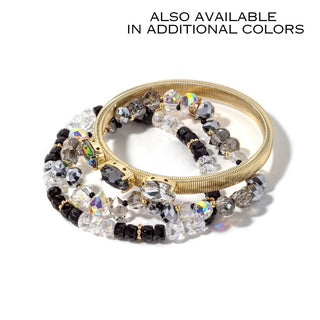 Gold-tone beaded bracelet stack with black and clear faceted stones